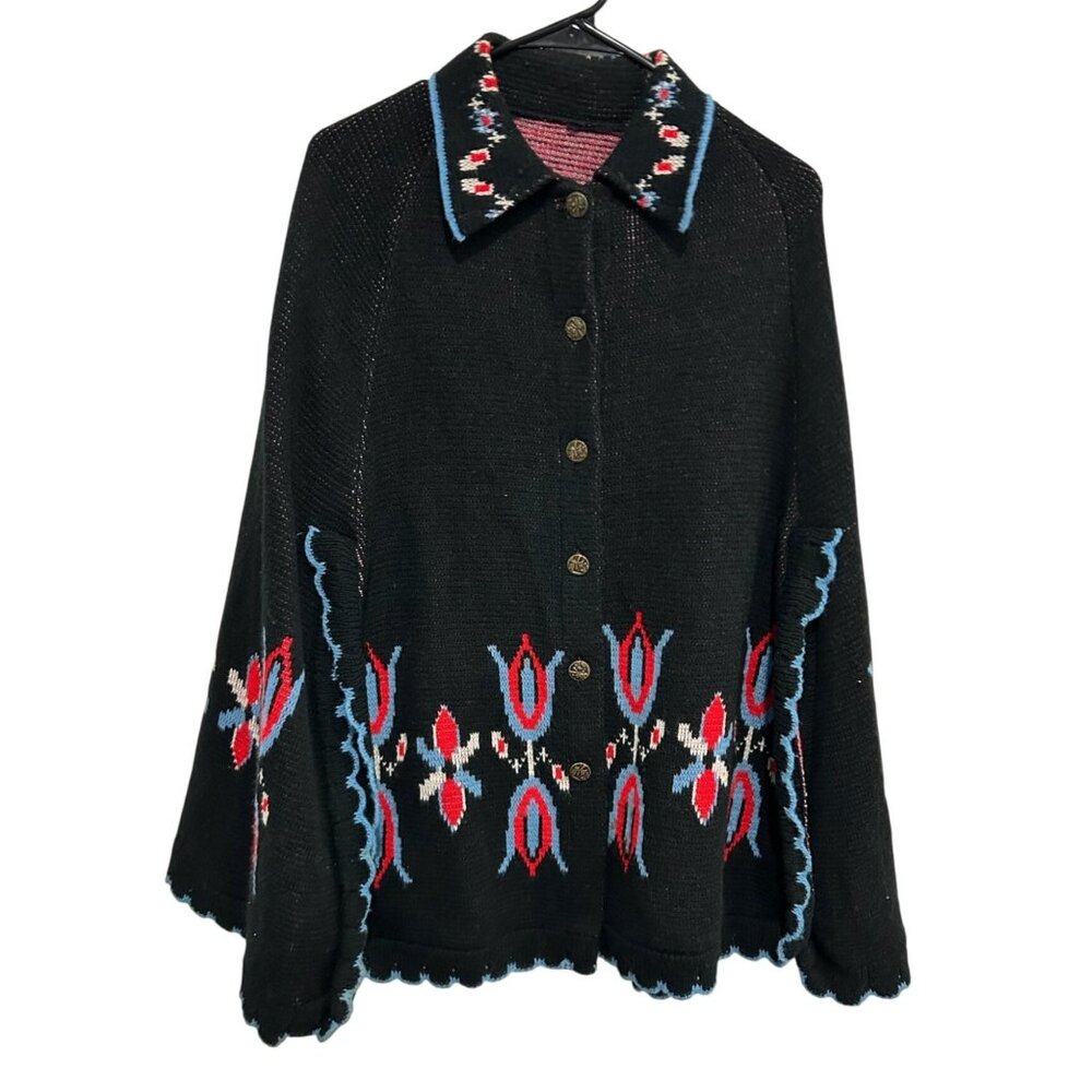 Vintage Black Knit Cardigan Cape Floral Embroidery Brass Buttons